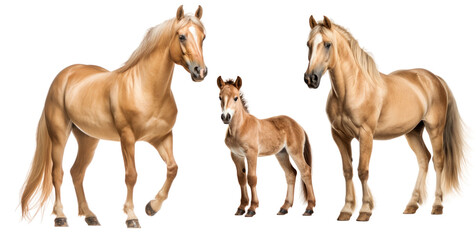 Group of cream horses: mare, stallion and foal, animal family isolated on transparent background....
