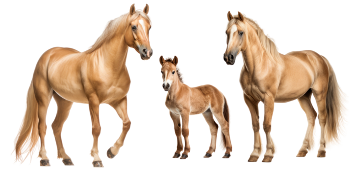 Group of cream horses: mare, stallion and foal, animal family isolated on transparent background. PNG clip art elements.