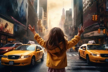 Photo sur Plexiglas TAXI de new york Girl take taxi. Urban car. Generate Ai