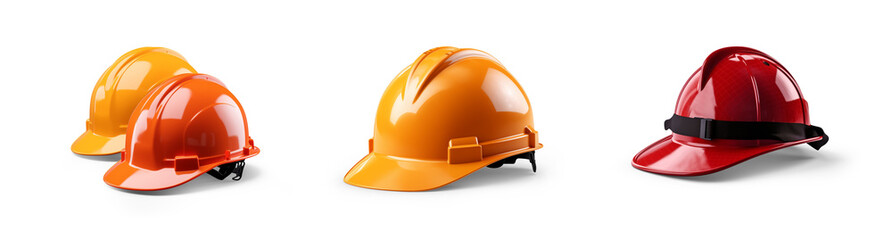 set collection of fireman and hard safety orange or yellow helmet cap hat in different color styles for construction sites, isolated on white png transparent background - obrazy, fototapety, plakaty
