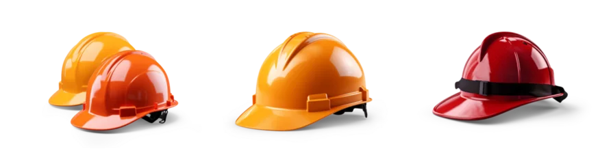 Foto op Canvas set collection of fireman and hard safety orange or yellow helmet cap hat in different color styles for construction sites, isolated on white png transparent background © sizsus