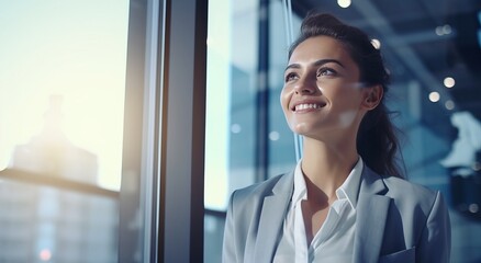 business woman smiling while standing in front of an office window