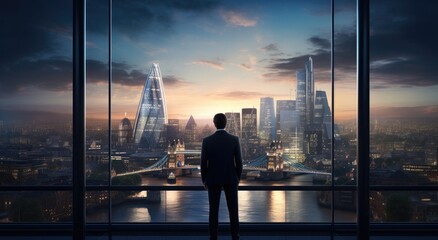 businessman admiring skyline at london - obrazy, fototapety, plakaty