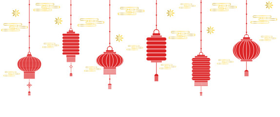 Fototapeta na wymiar Chinese Lanterns vector. Chinese New Year, Mid Autumn Festival background, banner and greeting card. Flat minimalist geometric design. Vector illustration