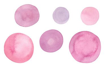 Obraz na płótnie Canvas A set of watercolor spots isolated on a white background painted by hand. Abstract round backgrounds in pink and lilac shades. A decorative element for design and decoration with a place for text.