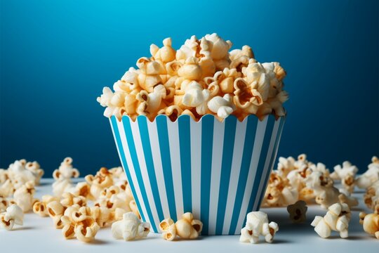 Cinematic delight Blue popcorn box on a white background snack