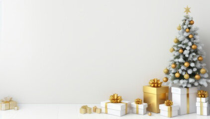  minimalist christmas background with christmas tree and gift boxes - obrazy, fototapety, plakaty