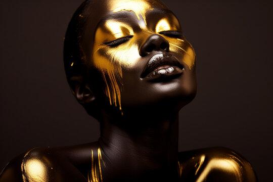 beautiful portrait of black woman with gold makeup