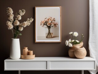 Stylish interior design of living room with brown wooden mock up poster frame on the white shelf,