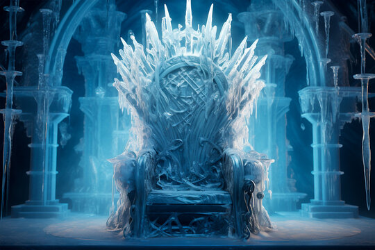 A throne made of ice with a dark background, Generated AI