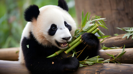 Obraz premium Panda eats bamboo on a tree