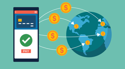 Cross-Border Money Transfer to Global with Digital Wallet and Mobile Banking App Gateway Platform, Vector Flat Illustration Design - obrazy, fototapety, plakaty