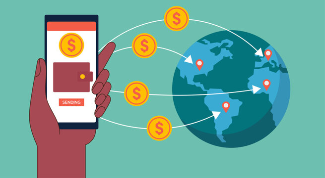 Cross-Border Money Transfer to Global with Hand holding Digital Wallet and Mobile Banking App Gateway Platform, Vector Flat Illustration Design