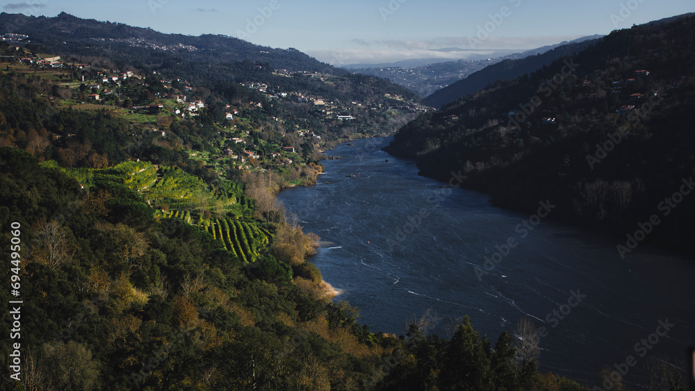 Poster Panorama of the Douro River, wine region, Portugal.