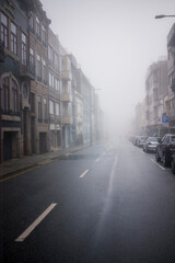A street in Porto, in the thick winter fog. Portugal.