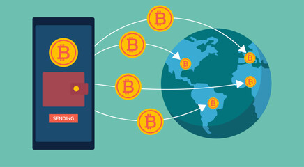 Cross-Border Money Transfer to Global with Digital Crypto Wallet and Bitcoin App Gateway Platform, Vector Flat Illustration Design