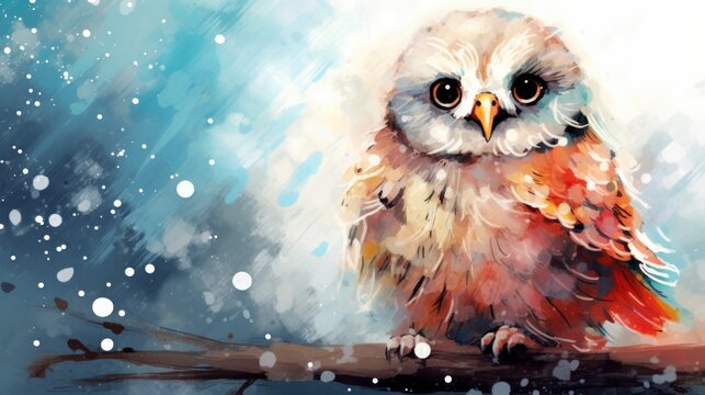  a painting of an owl sitting on a branch with snow falling on the ground and behind it is a blue sky.