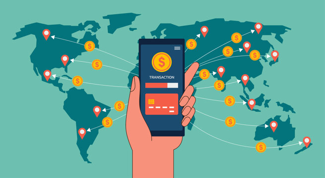 International Financial Freedom Concept, The Digital Platform Revolutionizing Cross-Border Money Transfer with Human Holding Phone, Vector Flat Illustration Design