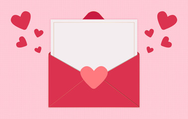 Envelope and red hearts on pink holiday vector background top view. Various red hearts for love romantic message in envelope. Flat lay composition.