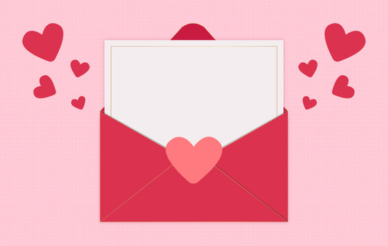 Envelope and red hearts on pink holiday vector background top view. Various red hearts for love romantic message in envelope. Flat lay composition.