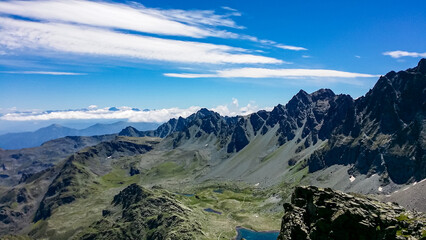 Panoramic view from mountain summit Monte Viso (Monviso) in the Cottian Alps, Cuneo, Piemonte,...