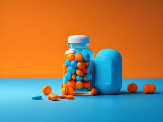 Bottle container with blue and orange pills.