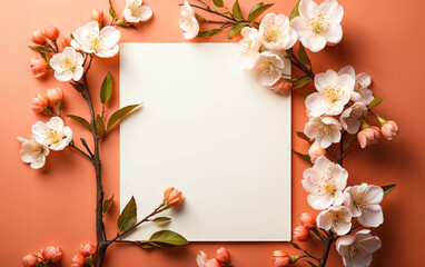 Beautiful blossom spring flowers and blank greeting card on peach  background. Floral composition for Valentine's day, Women's day, Wedding, Birthday or Mother's day.