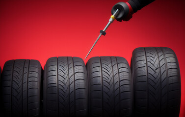  Winter car tires service and hands of mechanic, wrench screwdriver, christmas ball happy new year red background