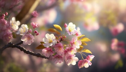 A close-up of pink cherry blossoms with a blurred background, highlighting the flowers’ delicate petals and stamens.