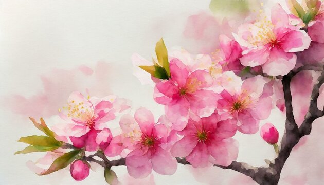 Close up watercolor painting of vibrant pink cherry blossoms on a branch, with green leaves against a soft background.