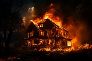 Blazing House in fire. Damage smoke rescue. Generate Ai