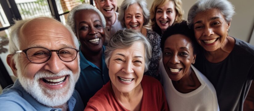 Happy elderly men and women of different races taking a selfie, embracing and smiling in a nursing home.