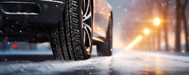 Winter tires on snow road with amazing background. Close up photo of winter tires - obrazy, fototapety, plakaty