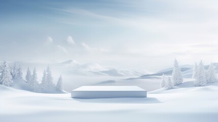 Fototapeta na wymiar Snowy Backdrop in Tranquil Winter Wonderland - Ideal for Product Presentation on Elegant White Podium in Serene Snowscape, Winter Product Placement, 3D Model 
