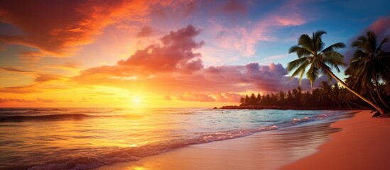 Exotic tropical beach with romantic sunset, perfect for a vacation.