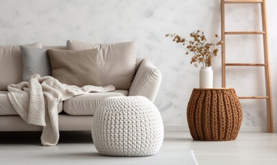 Fototapeta na wymiar Interior design, detail of bright sofa with pillows and a warm blanket