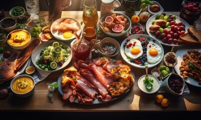 Fototapeta na wymiar Top view bright photo of Large selection of breakfast food on a table, sun light from side. Healthy breakfast concept