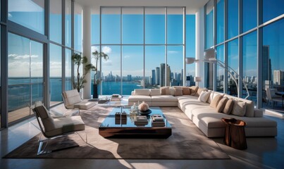 Interior design of modern spacious penthouse with large windows and beautiful view. - obrazy, fototapety, plakaty