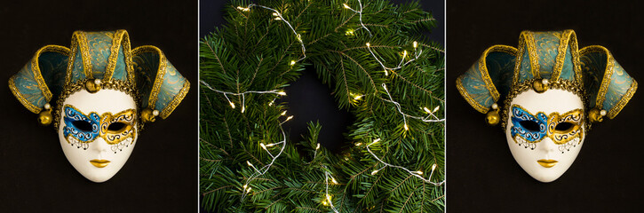 Venetian carnival mask and fir with lights on the black background.  Collage. Close-up. Holiday...