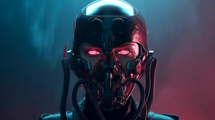 A cinematic image of a female bionic robot in cyberpunk style wearing a mask with glowing eyes. Game character, science fiction. Medium frame, fog, dark key, neon light.