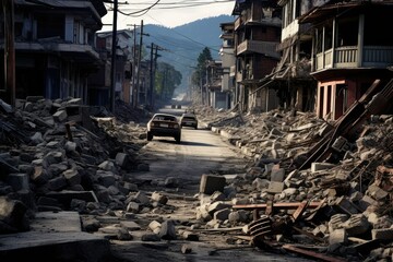 The effects of the earthquake destroyed houses and streets, restoration and assistance. Earthquake, destruction of houses and streets, consequences and restoration