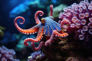 An octopus among coral reefs, the beauty and mystery of the underwater world. An octopus among corals, a unique creation of the underwater world