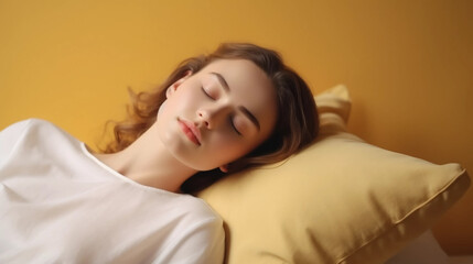 Obraz premium copy space, Young woman taking a nap on a pillow on background. National Napping Day. Young woman resting while tired. Peaceful scene.
