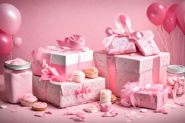 pink gift box with heart shaped balloons