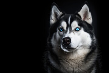 Obraz premium Siberian Husky dog with blue eyes on black background. Copy space for text.