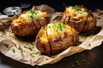 French baked potatoes with cheese and onions on crumpled baking paper