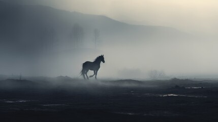  a black and white photo of a horse running through a foggy field with mountains in the distance in the distance.