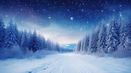 Fototapeta na wymiar Snowy winter road with Christmas lights in spruce forest
