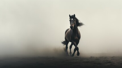  a horse running through a foggy field with it's front legs in the air and it's rear legs in the air.