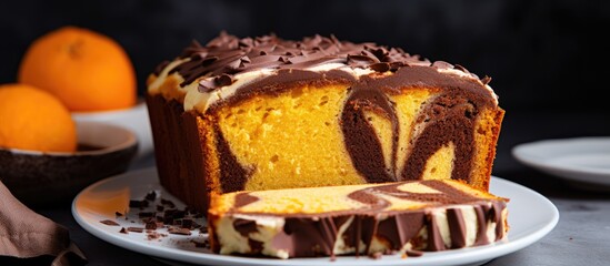 Yummy home-cooked dessert: Marble cake with chocolate and pumpkin.